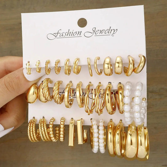 Geometric Hoop Earrings Set For Women Vintage Bohemian Pearl Gold Tone Round Earrings Punk Daily Wear Jewelry Gifts 2025